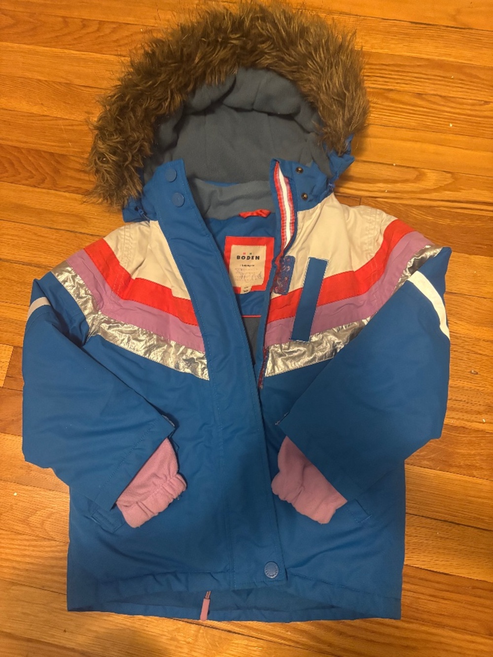 Mini Boden Girls Ski Jacket Coat 6-7 Blue purple silverFaux Fur Hood Winter Snow